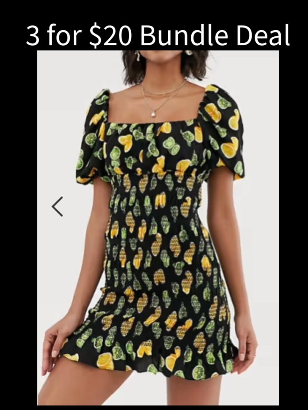 ASOS Fruit Print Dress 8 Puff Sleeve Square Neck Smocked Body-Hugging Skirt